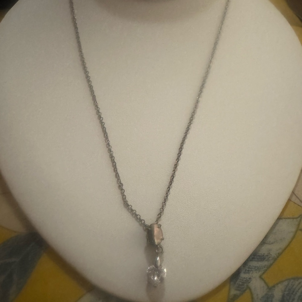 Delicate Silver-Tone Pendant Necklace with Clear Crystal and Opalescent Stone